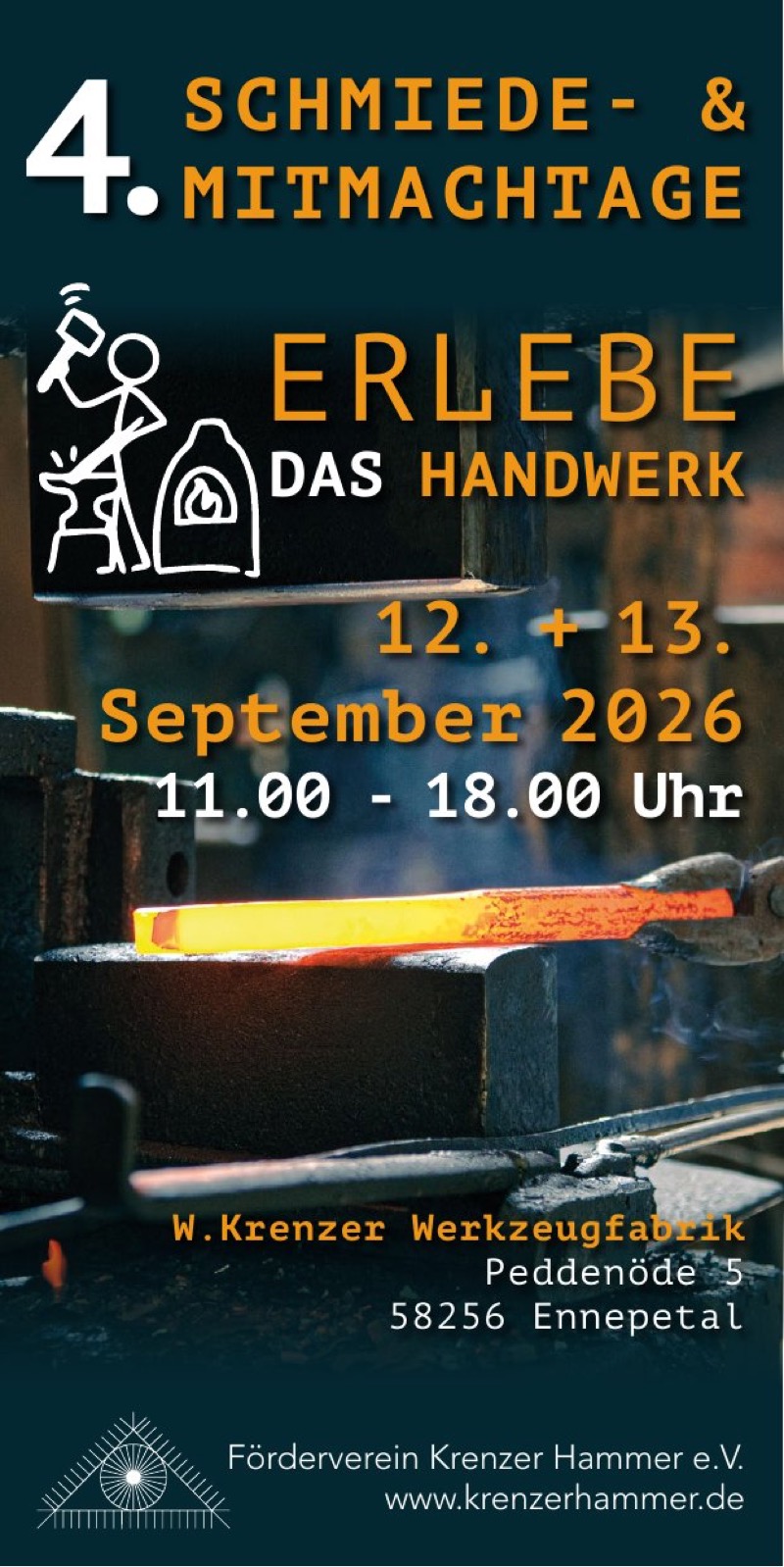Flyer Seite 1: 4. Schmiede- und Mitmachtage, 12. + 13. September 2026, 11.00 bis 18.00 Uhr, W. Krenzer Werkzeugfabrik, Peddenöde 5, 58256 Ennepetal