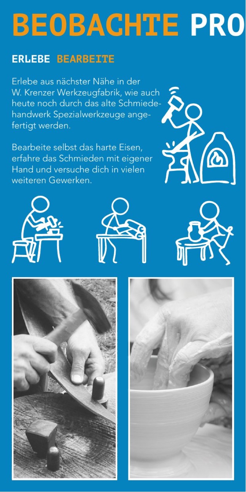Flyer Seite 2: Erlebe und bearbeite – Schmieden mit eigener Hand und viele weitere Gewerke