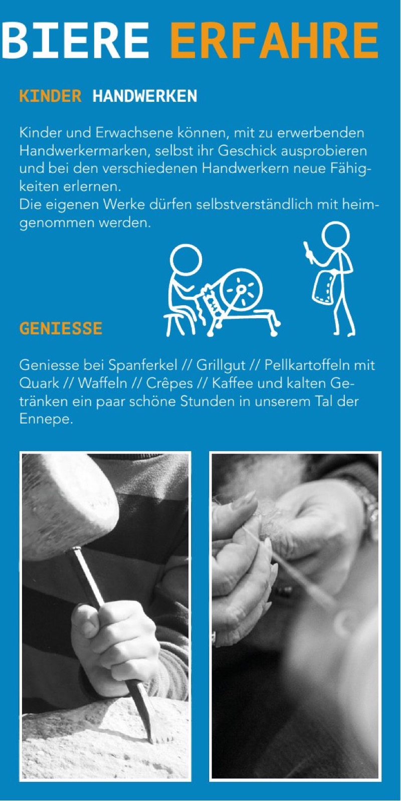 Flyer Seite 3: Kinder handwerken mit Handwerkermarken; Genieße Spanferkel, Grillgut, Pellkartoffeln mit Quark, Waffeln, Crêpes, Kaffee und kalte Getränke